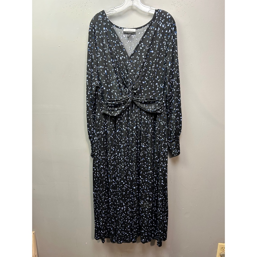 Eloquii Dress Women 22/24 Black Blue Abstract Twist Front Long Sleeve Midi